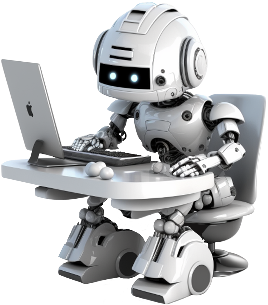 Robot sitting at a desk typing